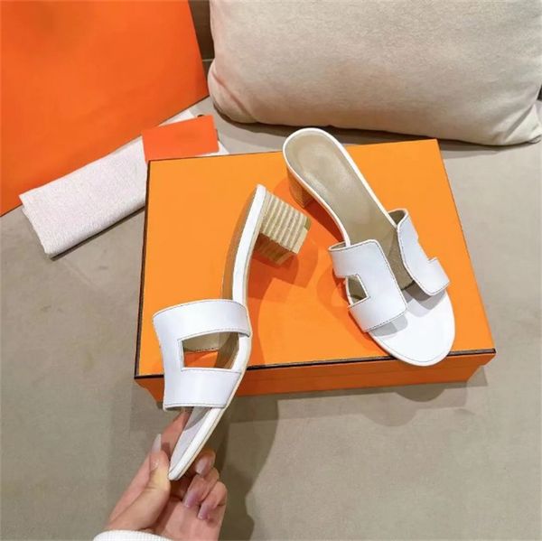 

designer women's mid-heel slippers summer new leather office sandals party white shoes 4.5cm 35-41, Black