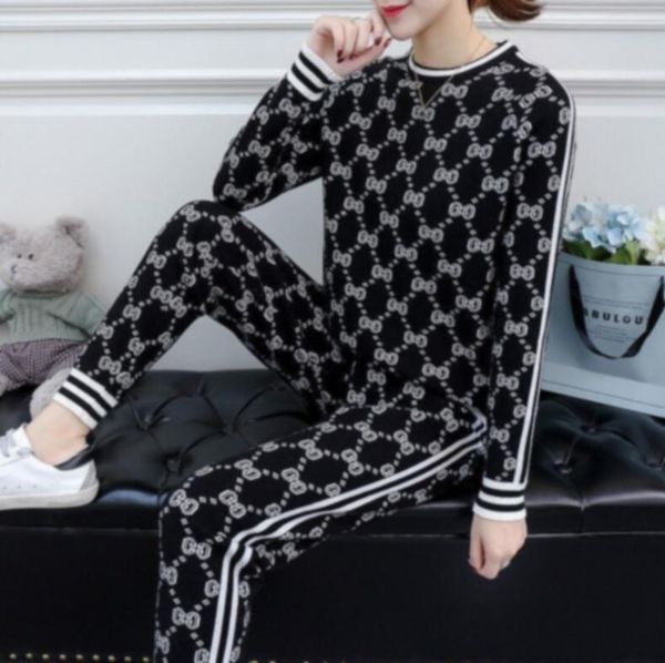 

women's sweaters autumn winter two piece sets slim fit knitwear designer pullover sweater knitted pants women's clothing, White;black