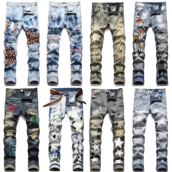 

varsity embroidery superior quality mens amirs jeans distressed motorcycle biker jean rock skinny slim ripped hole letter brand hip hop, Blue
