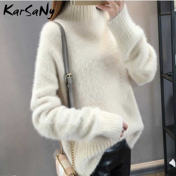

women's sweaters karsany winter mink cashmere thick sweater jumper white pull femme loose pullover knitted fluffy for 221224, White;black