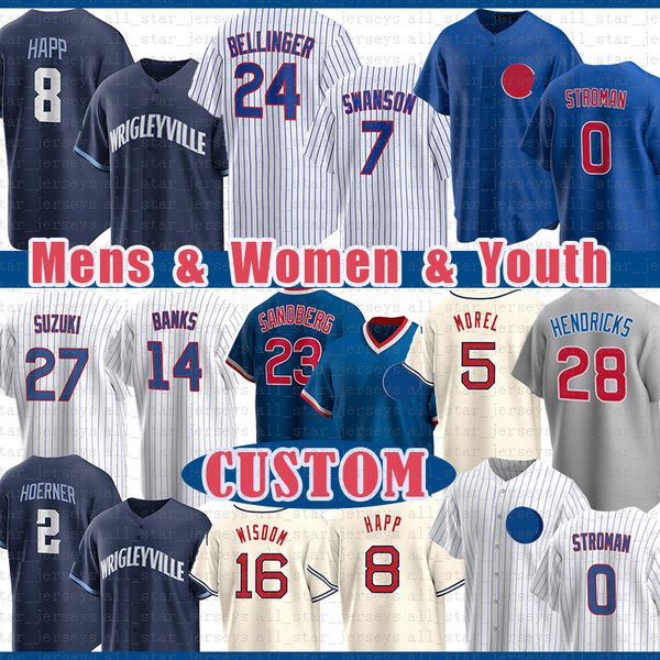 

chicago 7 dansby swanson baseball jersey ian happ 24 cody bellinger ernie banks marcus stroman patrick wisdom seiya suzuki brad boxberger ni, Blue;black