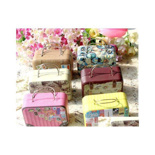 Storage Boxes Bins 1Pc 7.5X5.5X3.5Cm Europe Style Vintage Suitcase Shape Candy Box Wedding Favor Tin Sundries Organizer Container1 Dhqda