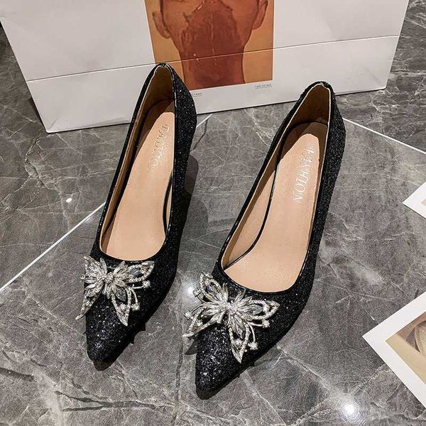 

dress shoes pointed toe stiletto ladies bow bridal shoes silver sequin fashion banquet shoes party women high heels talon femme casual 22122, Black