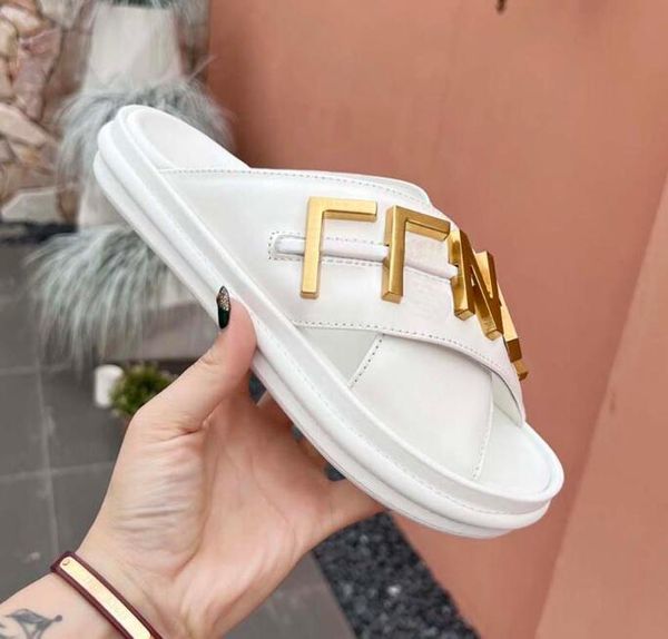 

fashion women slippers men sandal luxury designer lady gentlemen colorful metal hardware letter anatomic leather slide style model large siz, Black
