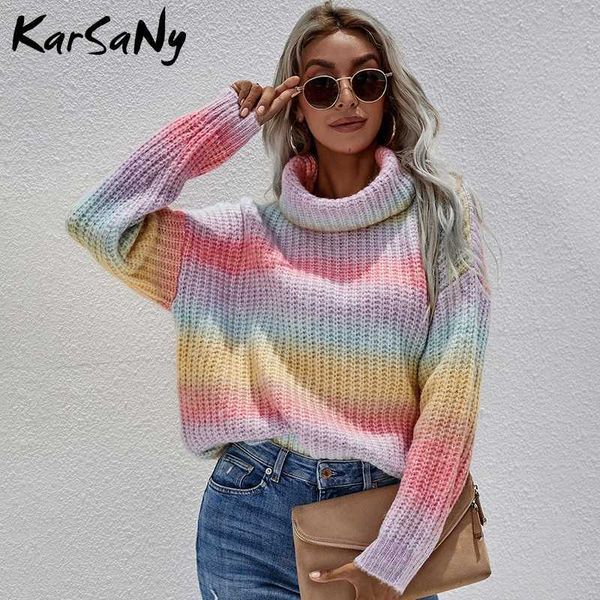 

women's sweaters striped oversize knitted pullovers auutmn winter 2021 turtleneck jumper warm rainbow female 221224, White;black