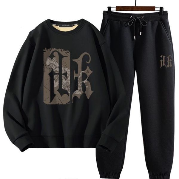 

designer two piece suit streetwear for men and women pure cotton hoodie set active style letter print, Black
