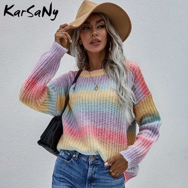 

women's sweaters rainbow sweater for women fashion 2021 winter oversize sweaters and pullovers knitted loose jumper clothes 221224, White;black