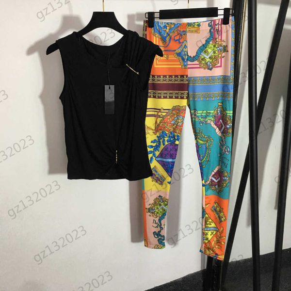 

womens tracksuit metal pin embellished sleeveless hollowed out pullover vest colorful printed leggings designer women clothing 2 colors, Gray