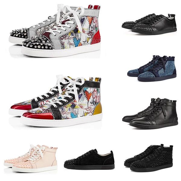 

christians red bottomed designer fashion shoes studded spikes flat sneakers for men women glitter party lovers genuine leather casu xld, Black