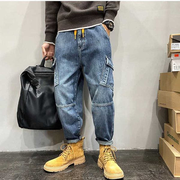 

streetwear men pattern blue mop pants hip hop multiple pockets broad leg overalls temperament versatile jeans autumn
