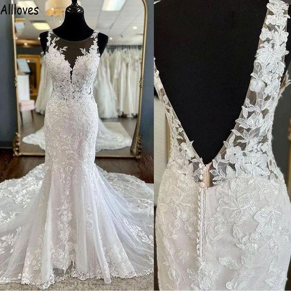

elegant lace appliqued mermaid wedding dresses sheer neck open back vintage bridal gowns araic aso ebi court train plus size bride second re, White