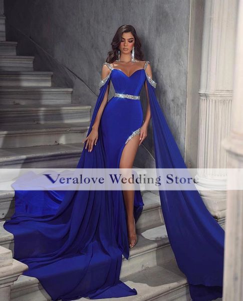 

royal blue prom dress vestidos elegantes para mujer largos mermaid with warp 2023 slit beads red carpet evening gowns, Black