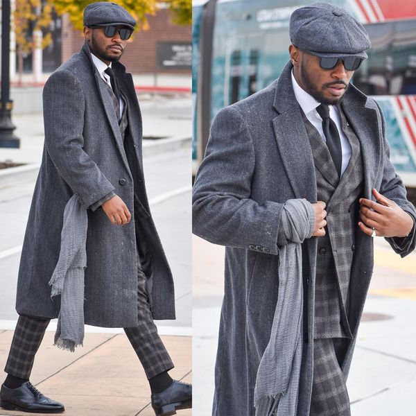 

one piece handsome wedding tuxedos men suit long woolen casual coat two outer pockets modern customized business suit back vent loose autumn, Black;gray