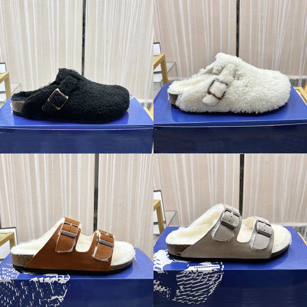 

2022 designer womens men wool slippers luxury 100% leather copper hardware buckle fur fluffy furry sandals flip flop double buckle back empt, Black