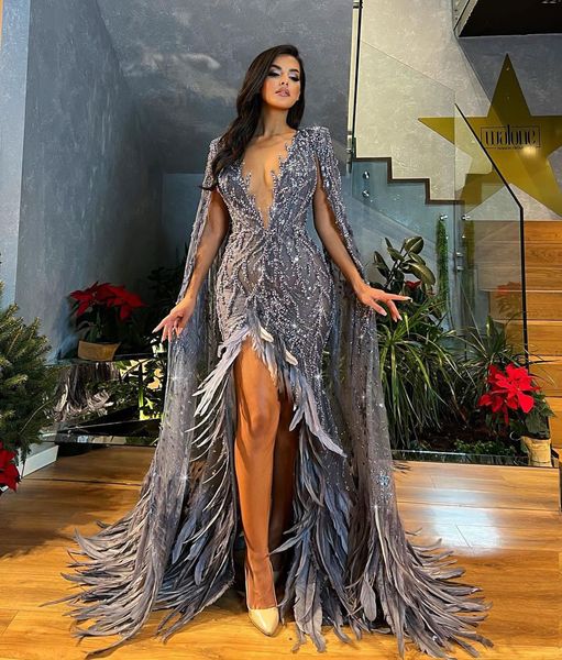 

exquisite evening dresses sleeveless v neck capes lace appliques sequins sparkly floor length feather side slit celebrity plus size party pr, Black;red