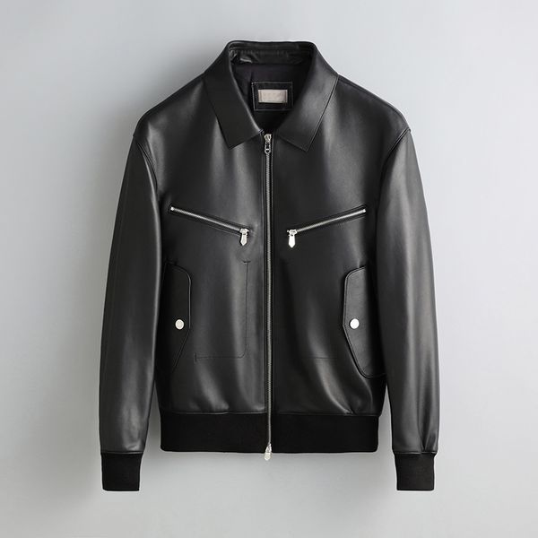 

2022 new men's stand collar zipper leather shirt luxury brand quality jacket shape design comfortable fashion coat, Black