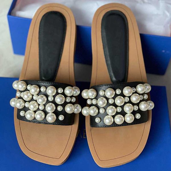

designer goldie slide women pearl sandals real leather wooden sole squared toe flat slippers ladies girl elegant sandal summer beach shoes w, Black