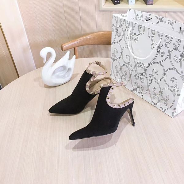 

classic women sandals luxury rivet high heels black suede designer shoes 7.5cm stiletto heel leather ankle strap baotou metal buckle letter