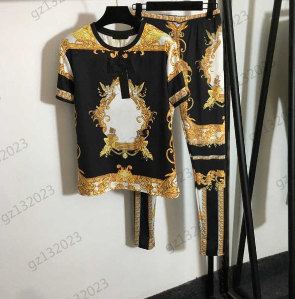 

womens tracksuit color contrast logo printing crew neck pullover short sleeve t-shirt comfortable elastic fabric slimming leggings women clo, Gray