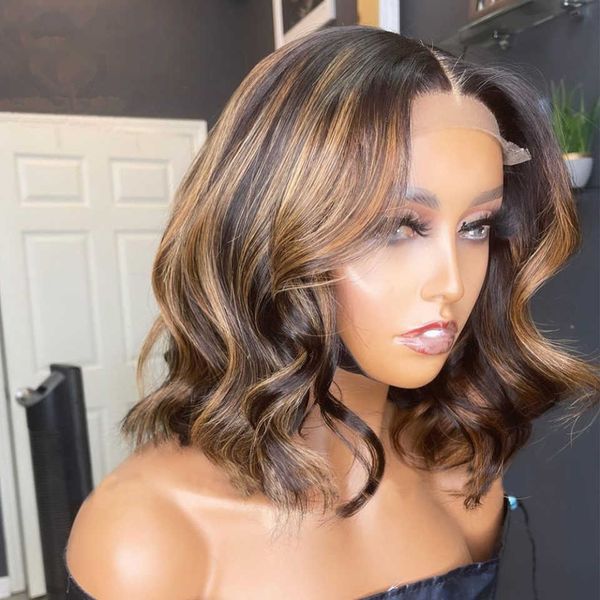 

lace wigs highlight human hair frontal for women t part black short bob brazilian pre plucked body wave front 221216, Black;brown