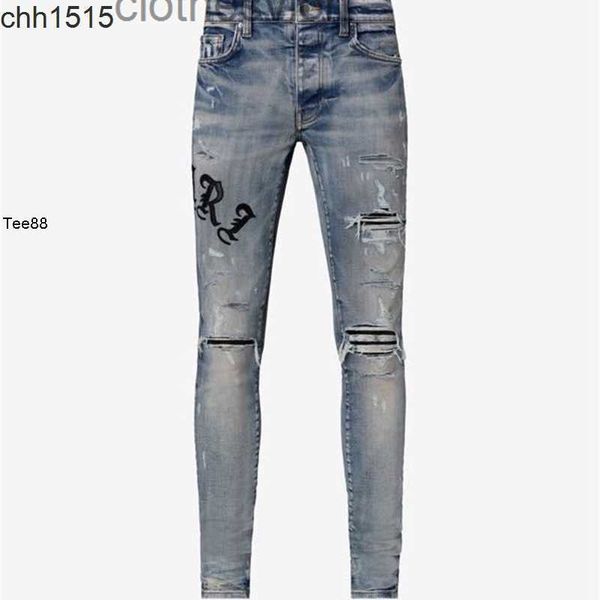 

jean designer jeans 2022 amirs amirsy style patchwork embroidery side letters are worn damaged washed slim fit black, Blue