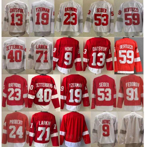 

hockey jerseys reverse retro 23 lucas raymond 53 moritz seider 59 tyler bertuzzi 71 dylan larkin 9 gordie howe 19 steve yzerman 13 pavel ice, Black;red