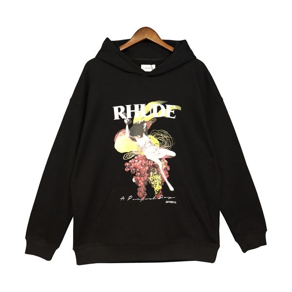 

rhude grapes print hoodie fleece hoodies loose sweatshirts oversize hooded plus size sweatshirt heavy weight 100% cotton women men warm pull, Black