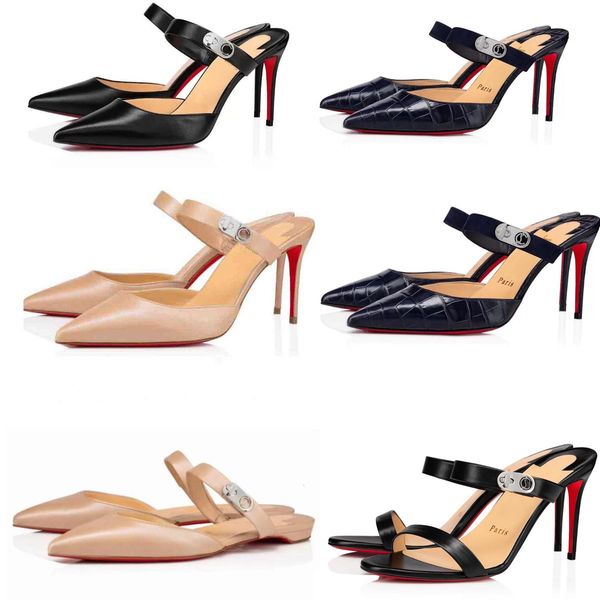 

women pump high heel pointy toe sandal choc lock me mule calfskin leather sandals 85mm heeled and flat dress shoes, Black