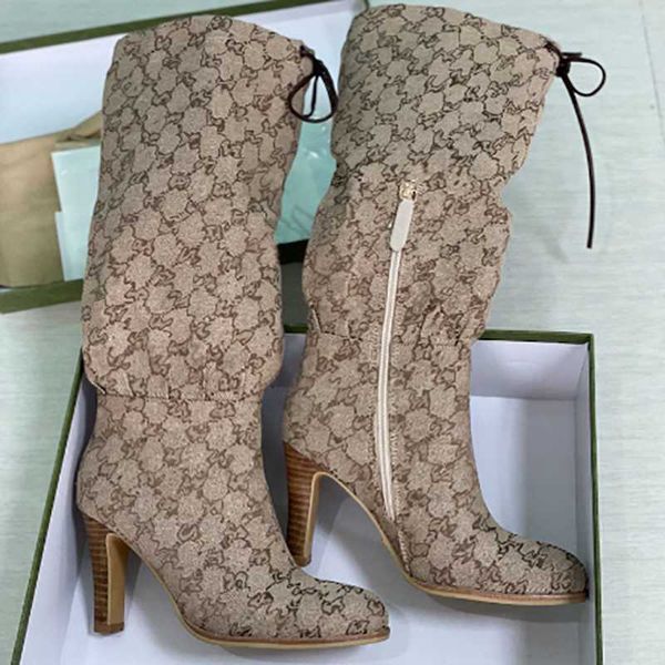 

women boots designer boot fashion combat boot canvas zipper adjustable straps casual shoes stiletto heel ankle boot knee-high with box 335, Black