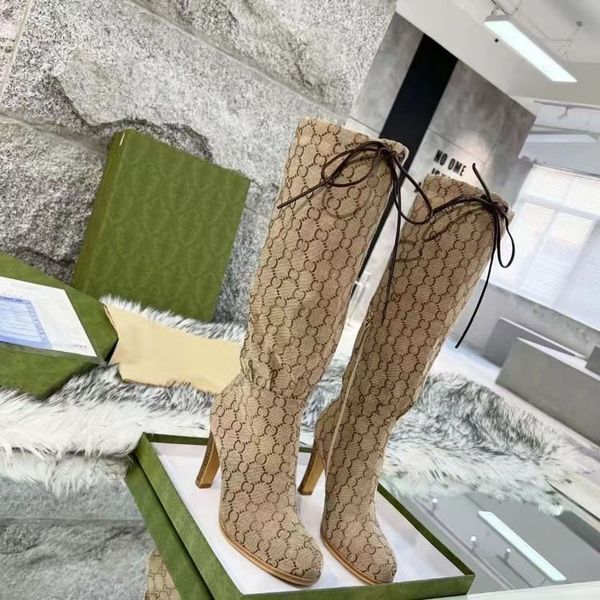

2023 boots women boots over the knee boot laces high heel casual shoes leather red beige canvas 's zipper fashion luxury womens brand, Black
