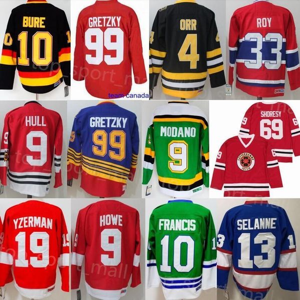 

hockey hockey vintage ccm hockey jerseys 4 bobby orr 9 hull 99 wayne gretzky 13 teemu selanne 33 patrick roy 10 ron francis gordie howe 19 s, Black;red