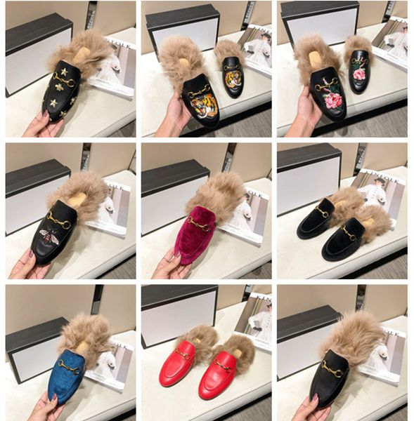 

famous velvet prince town muller woman leather rabbit fur slippers women wool loafers slipper lady mules casual shoes with box many colors, Black