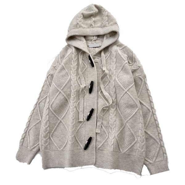 

49457 women's sweater cardigan cow horn button hooded fried dough twist loose edition thickened cute casual winter, White;black
