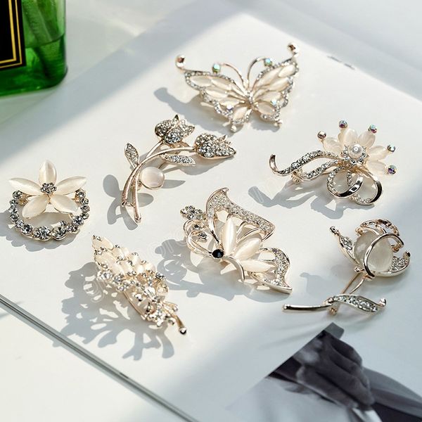 

rose flower brooches opal stone rhinestone butterfly brooch flower pins fashion clothing wedding jewelry accesorios woman gifts, Gray