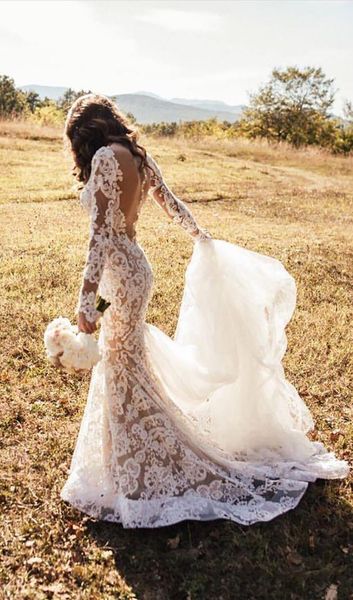 

country mermaid wedding dresses with long sleeve full 3d floral lace sheer back outdoor garden boho farm trumpet wedding bridal gown, White