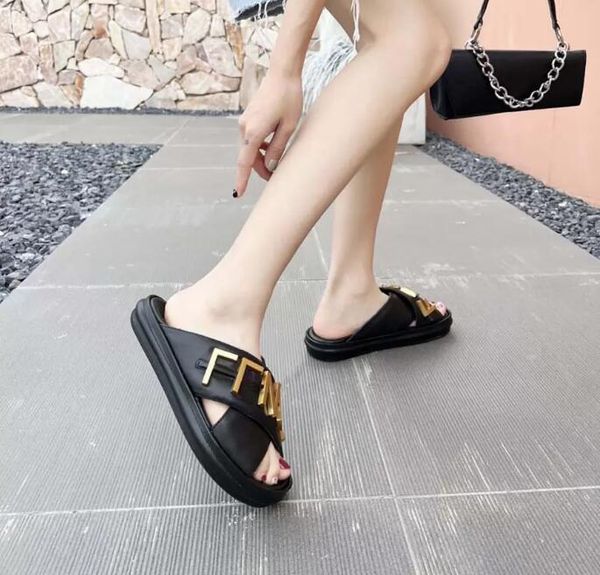 

women's men's slippers colorful brand metal letter sandals home ladies flip flop fashion comfortable designer luxury slides sandal, Black