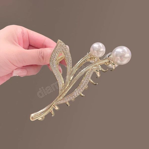 

fashion metal pearl rhinestone hair grab simple ponytail clip for women girls shiny barrette headwear hair accessories, Golden;silver