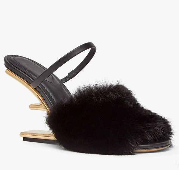 

winter nice first women sandals shoes fur strap gold-colored f-shaped sculpted heels lady mules party dress peep toe slippers eu35-43, Black