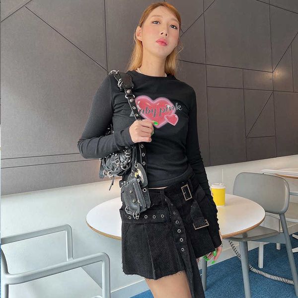 

women t-shirt designer 2023 new fashion slim casual love printed personalized street slimming long sleeve base t-shirt, White