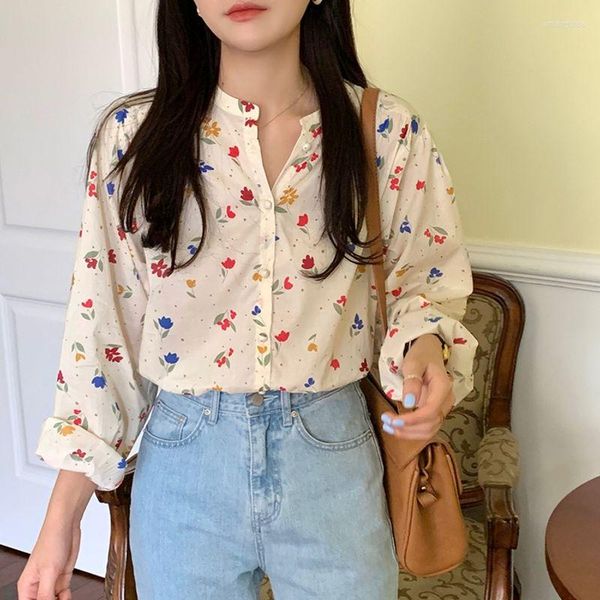

women's blouses floral shirts women summer korean style design casual loose sweet girls lovely all-match vintage retro fashion long, White
