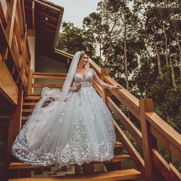 

2023 a line wedding dresses country bohemia summer beach jewel neck illusion long sleeves lace appliques crystal beads flowers tulle formal, White