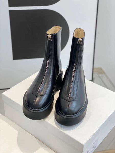 

smooth leather ankle chelsea boots platform zipper slip-on round toe block heels flat wedges booties chunky boot for women, Black