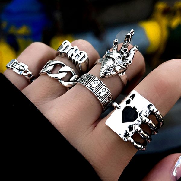 

30pcs mixed punk vintage cluster rings set for women antique silver plated fashion poker spades heterotropic heart wedding party gifts finge, Golden;silver