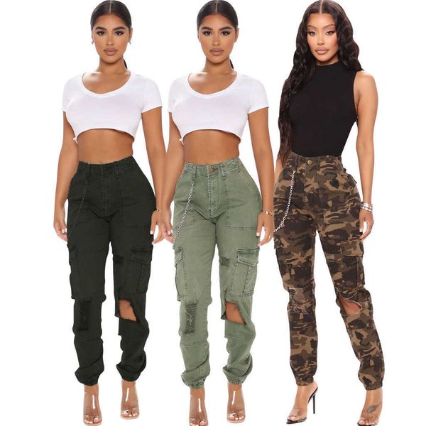 

women pants designer 2023 new fashion slim camo printed hole pocket design comfortable casual elastic overalls 3 colours s-xxl, Blue