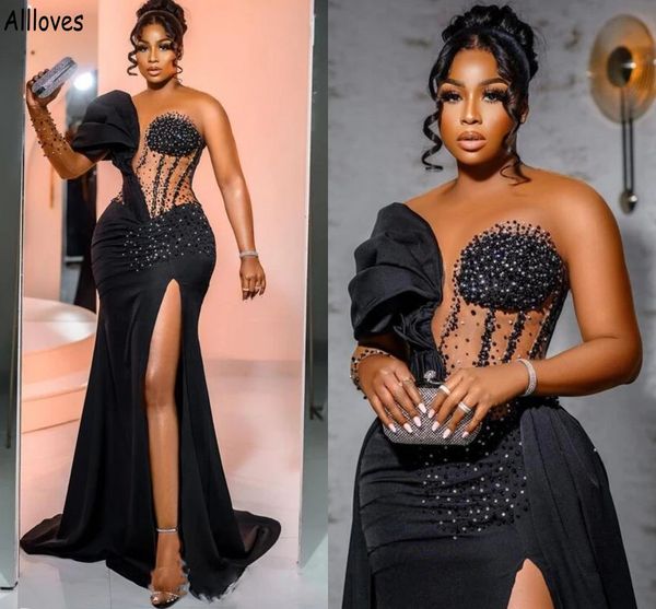 

african girls black mermaid prom dresses with removable train sheer neck beaded long sleeve formal occasion evening gowns side slit receptio, Black;pink