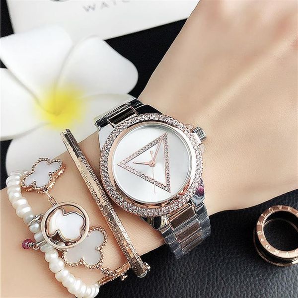 

quartz brand wrist watches for women girl triangle crystal style metal steel band watch gs24301y, Slivery;brown