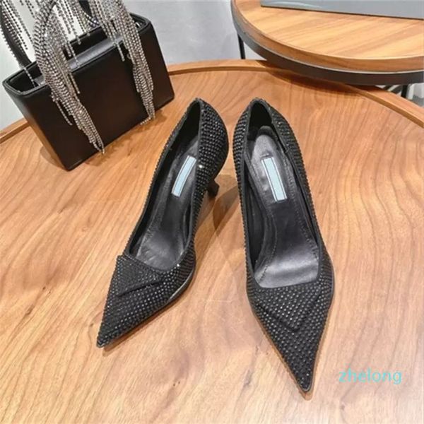 

2022 new fashion sandals fashion rhinestone leather pumps pointed toe stiletto dress shoes, Black
