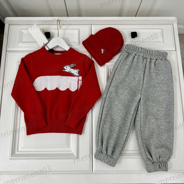 

kids designer clothes high-end boys and girls knitted three-piece sets round neck pullover sweater with padded casual pants set fashion bab, White