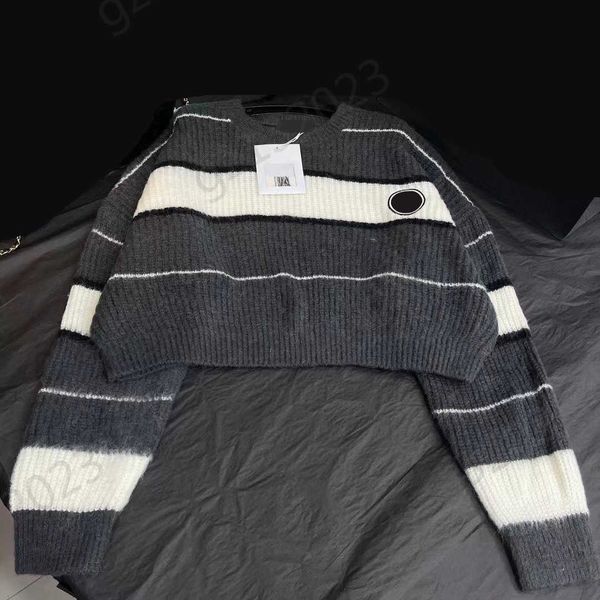 

womens sweaters contrasting color striped crew neck pullover knitted sweater off shoulders long sleeves short knitwear designer women appare, White;black