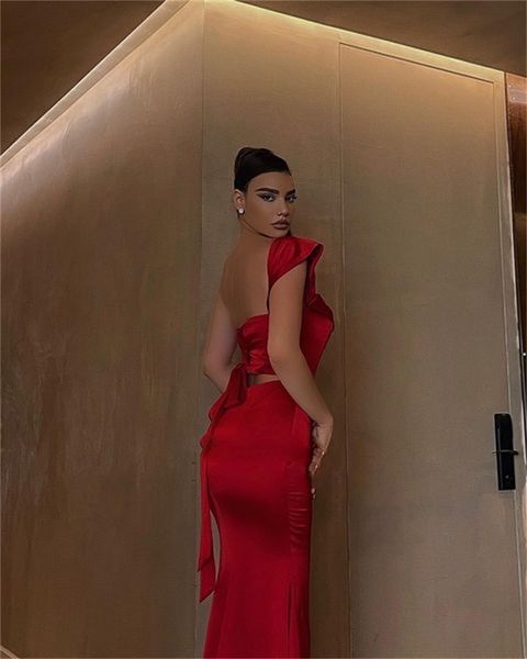 

red vintage prom dresses mermaid one shoulder floor length long evening gowns backless pleat 2023 formal occasion, Black